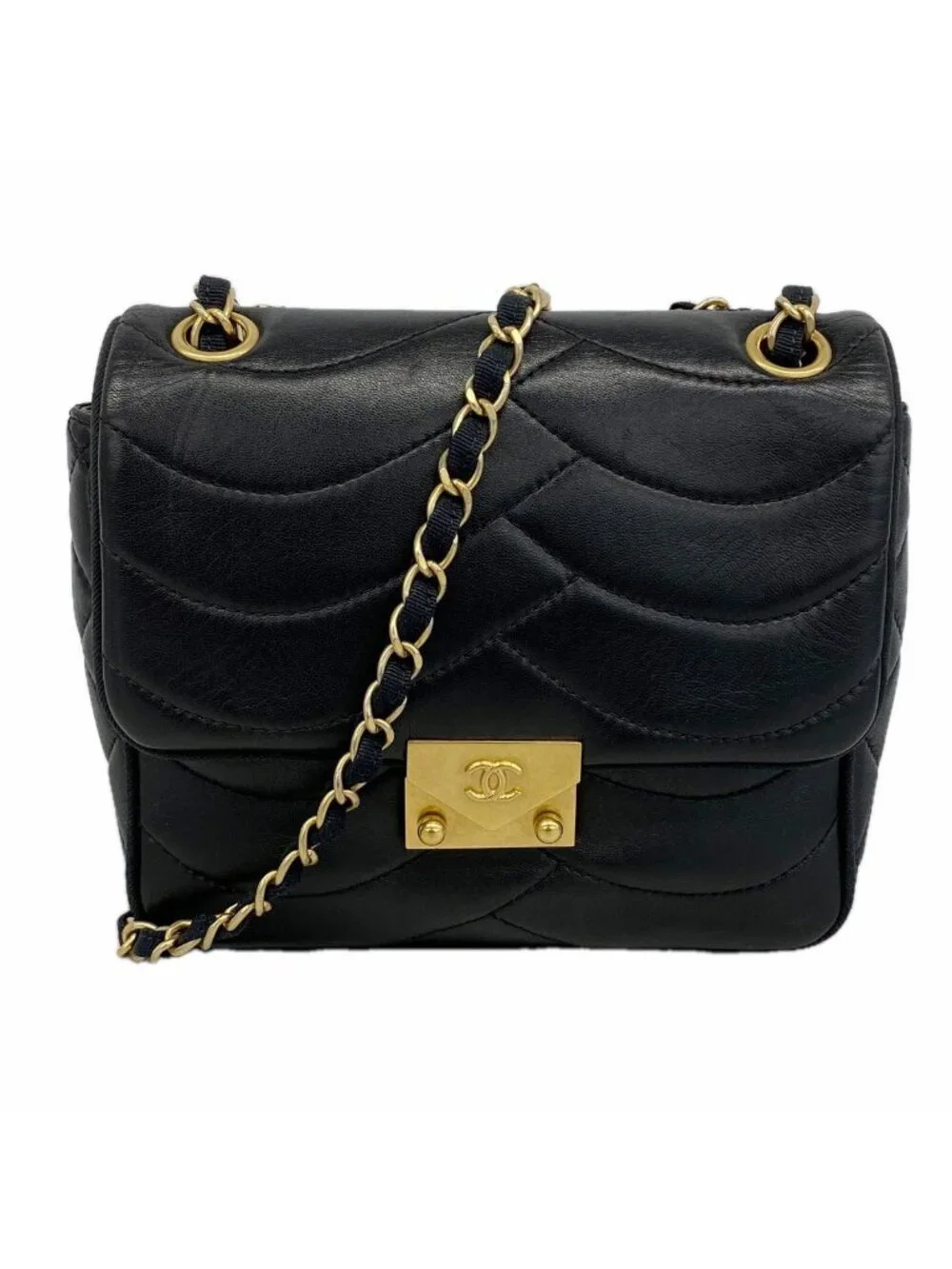 Chanel Shoulder Bag Wave Stitch Lambskin Black Gold